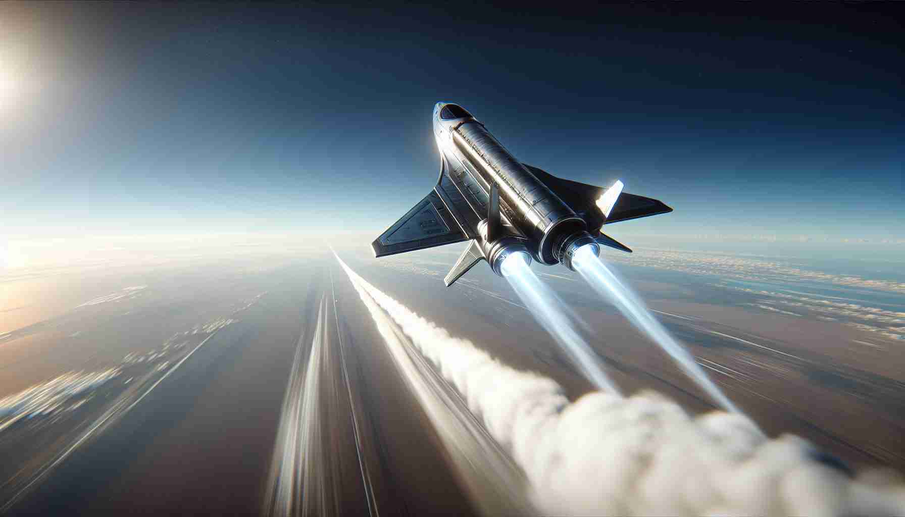 High-definition, realistic image of a successful test flight of a futuristic spaceship, showcasing a critical advancement in outer space exploration. The spaceship is sleek and well-engineered, soaring high in the clear blue sky, leaving a trail of smoke behind it. The ground below is a blur due to the high speed. The image encapsulates the thrill, triumph, and progress of modern interstellar travel.