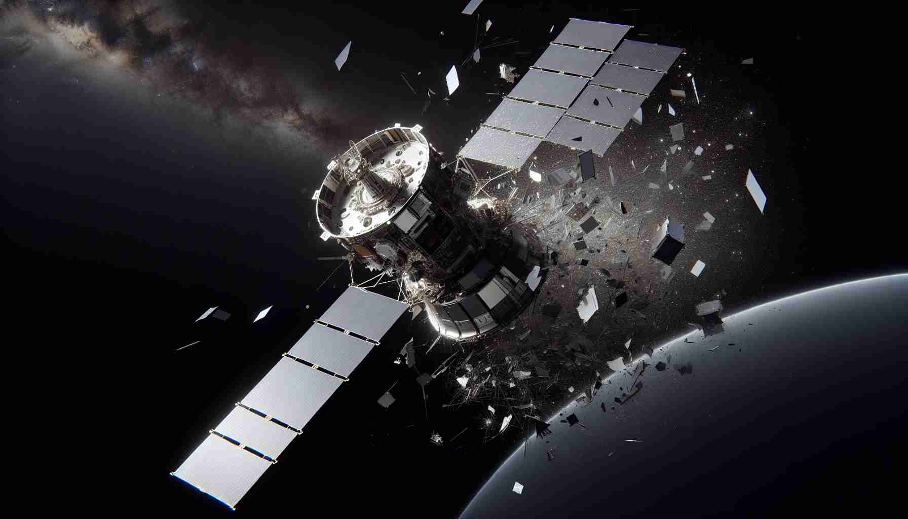 A realistic high-definition image portraying an Intelsat satellite fragmenting in outer space. It includes the dark backdrop of the cosmos, speckled with stars, and contrasts it with the silvery, reflective sheen of the satellite. The scene shows the satellite disassembling, pieces floating away due to the lack of gravity, some components capturing the glint of far-off astronomical entities.