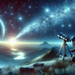 A highly detailed and realistic image of a nature-scene, showcasing an astrophotographer, who is a South Asian female, in action. She is capturing an astonishing view of a celestial wanderer, like a comet or wandering planet, through her high-resolution telescope. The scene is set at a clear, starry night, offering a breathtaking view of the galaxy, with the primary focus being the spectacular image of the celestial object, brilliantly captured in the photographer's equipment.