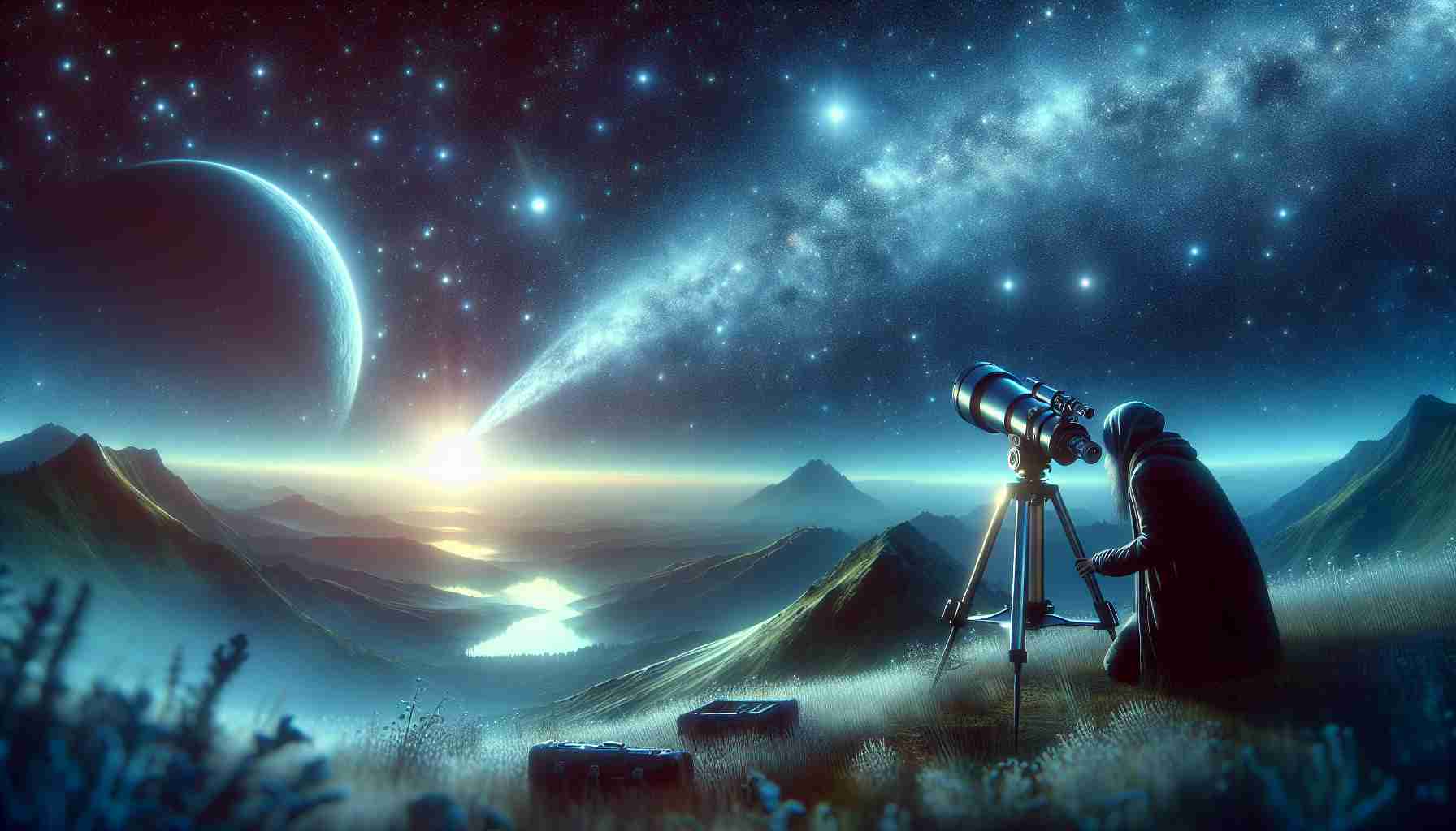 A highly detailed and realistic image of a nature-scene, showcasing an astrophotographer, who is a South Asian female, in action. She is capturing an astonishing view of a celestial wanderer, like a comet or wandering planet, through her high-resolution telescope. The scene is set at a clear, starry night, offering a breathtaking view of the galaxy, with the primary focus being the spectacular image of the celestial object, brilliantly captured in the photographer's equipment.