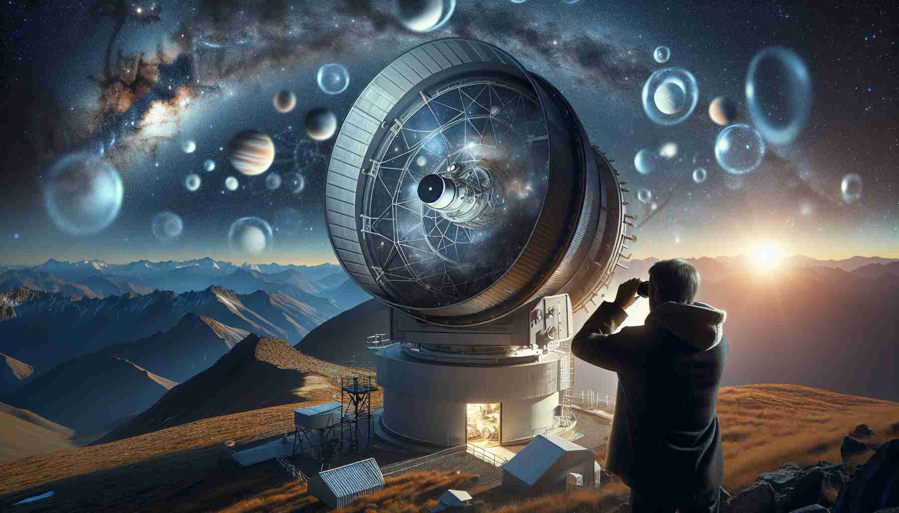 Depict a highly realistic, high-definition image illustrating the challenges of pioneering exoplanet photography. Show a stargazer peering through a massive telescope optically engineered for deep-space observation. The surrounding environment should be a remote mountaintop observatory under the night sky adorned with numerous twinkling stars. Various image's overlay on the scene could illustrate the scientific challenges - demonstrating atmospheric turbulence, light pollution, the immense distances involved, and subtle light variations of distant celestial bodies.