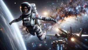 A high-definition, realistic illustration of an intense space mission, characterized by the breaking of boundaries. The scene showcases an astronaut floating in the vastness of outer space, against the backdrop of distant galaxies and stars. The astronaut, a Black woman, exhibits determination and courage on her face. Her mission insignia reflects the nature of her task - pushing the boundaries of space exploration. Nearby, a state-of-the-art spacecraft hovers, its sleek design showing advanced technology. The whole atmosphere exudes a sense of overcoming hurdles and venturing into the unknown.