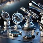 A highly detailed and realistic image showcasing innovative astronomy accessories designed for the year 2024. These accessories include an advanced telescope with ground-breaking magnifying capabilities and state-of-the-art stargazing equipment such as stellar maps, astrolabe, and a portable digital planetarium. The astronomy accessories are showcased with a backdrop of a clear starry night sky. Please ensure sharpness and high definition quality for all equipment and the night sky background, emphasizing the futuristic design and advanced technology of these astronomy tools.