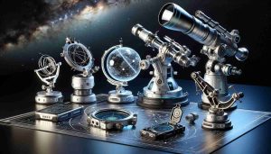 A highly detailed and realistic image showcasing innovative astronomy accessories designed for the year 2024. These accessories include an advanced telescope with ground-breaking magnifying capabilities and state-of-the-art stargazing equipment such as stellar maps, astrolabe, and a portable digital planetarium. The astronomy accessories are showcased with a backdrop of a clear starry night sky. Please ensure sharpness and high definition quality for all equipment and the night sky background, emphasizing the futuristic design and advanced technology of these astronomy tools.