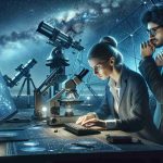 A highly detailed, realistic and high-definition photograph featuring innovators who are significantly impacting the field of Astronomy. The image unveils two professionals, a Caucasian female and a Hispanic male, engrossed in their dedicated work under a starlit night sky. They are surrounded by advanced astronomical equipment, including telescopes and computers with complex data on screens. The focus is on their hands, adjusting lenses and inputting data, implying the hard work and precision that goes into their innovation. The backdrop is a beautiful constellation, signifying the vast cosmos that they strive to explore and understand.