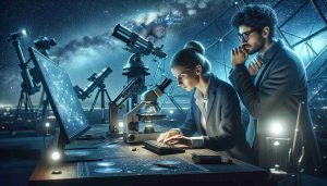 A highly detailed, realistic and high-definition photograph featuring innovators who are significantly impacting the field of Astronomy. The image unveils two professionals, a Caucasian female and a Hispanic male, engrossed in their dedicated work under a starlit night sky. They are surrounded by advanced astronomical equipment, including telescopes and computers with complex data on screens. The focus is on their hands, adjusting lenses and inputting data, implying the hard work and precision that goes into their innovation. The backdrop is a beautiful constellation, signifying the vast cosmos that they strive to explore and understand.