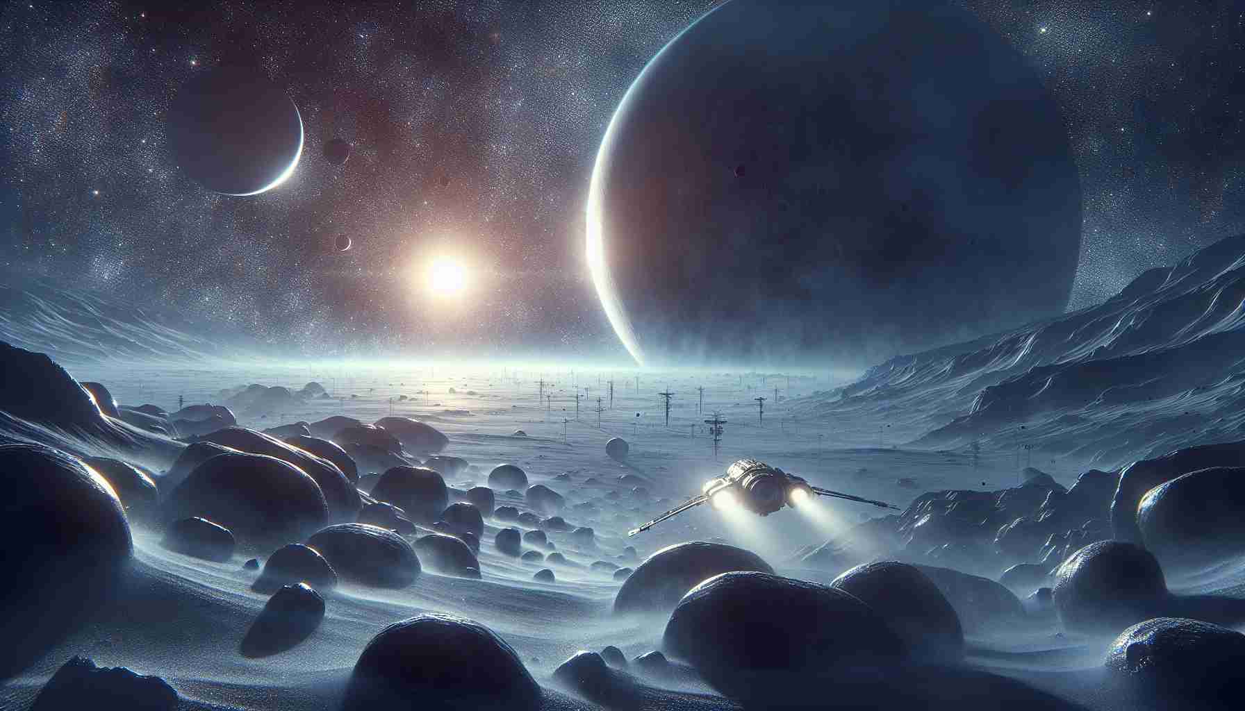 A highly detailed and realistic image of space exploration into the vast mysteries of the Kuiper Belt. The scene captures the ethereal beauty of the distant astronomical area beyond Neptune, which is made up of icy objects and dwarf planets. Dead silence pervades the scene, only punctuated by the faint glimmering of the distant stars. A spaceship manoeuvres through the seemingly endless expanse of this little-explored region. The objective is to unravel the many secrets that the Kuiper Belt still holds. It's an interstellar journey into the unknown, a testament to human curiosity and the quest for knowledge.