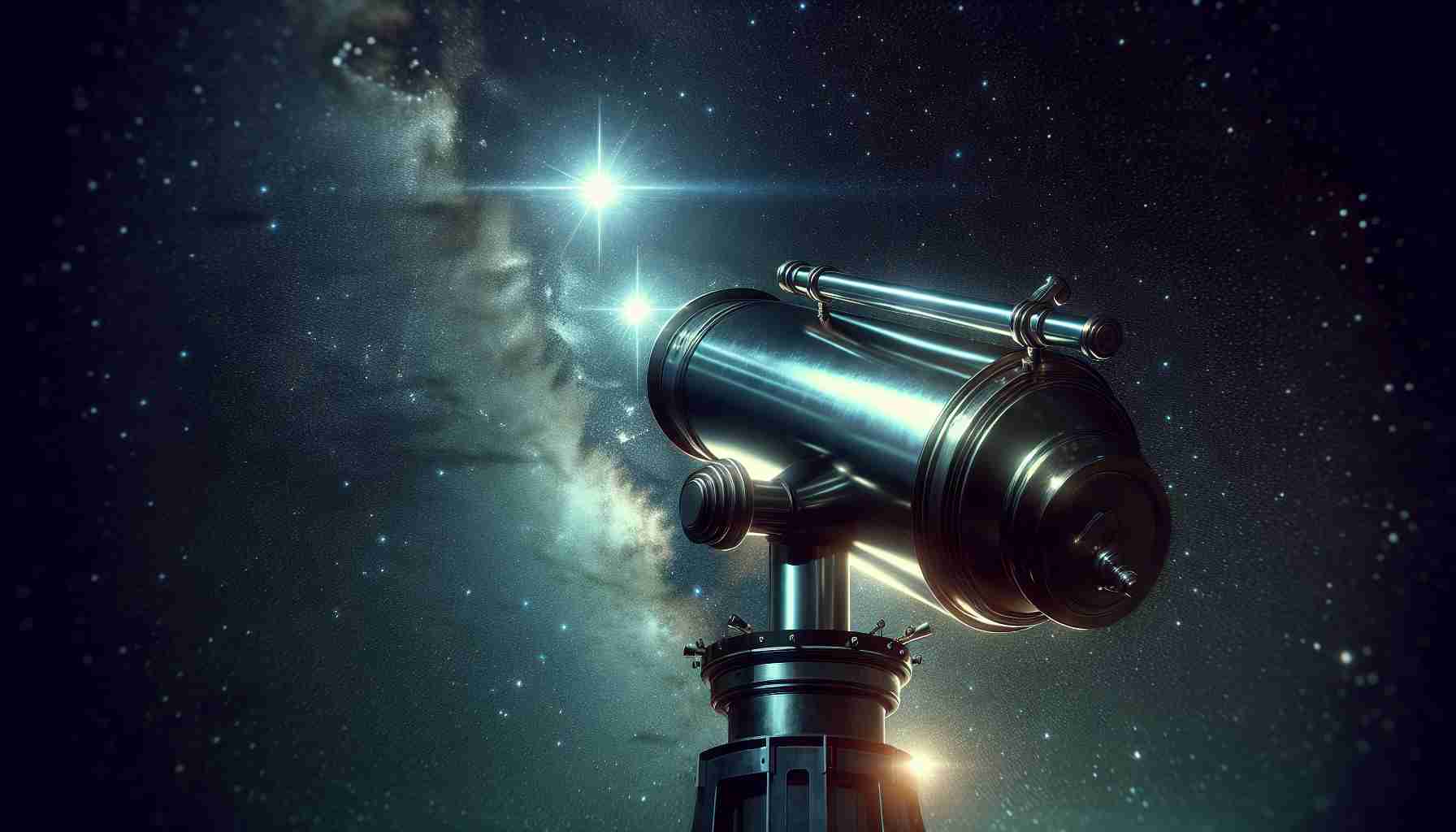 Generate a High Definition, hyper-realistic image depicting the moment of unveiling an enigmatic pair of stars. Show a grand telescope pointed towards the clear, starry night sky. We see close-up details of the telescope, its shiny metal body reflecting the soft glow of surrounding lights. Capture the sense of anticipation, the excitement of astronomical discovery. In the distance, a star duo, unique and intriguing, twinkle in the vast expanse of the universe. Their light appears different from the others, indicating their enigmatic nature.