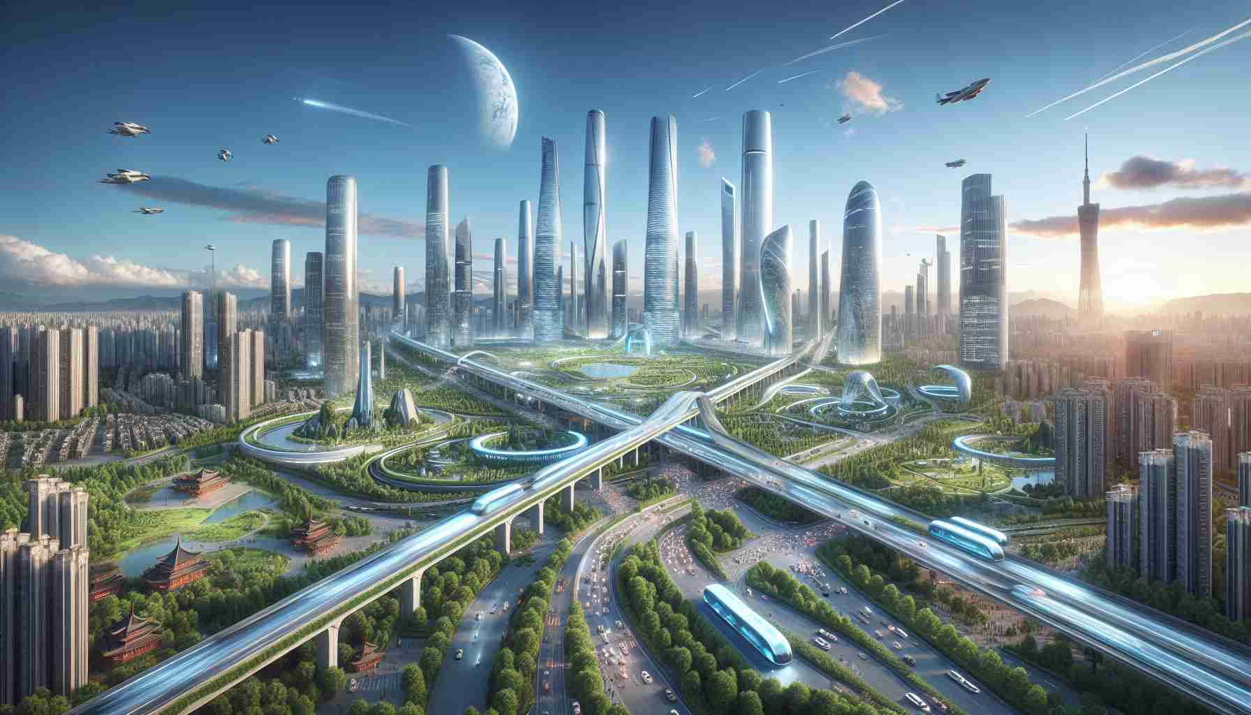 A high-definition, realistic visualization of a futuristic Chinese landscape beyond 2050. This scene includes skyscrapers soaring towards the sky, advanced transportation systems, flourishing green parks, and people experiencing a high-tech and sustainable lifestyle. The picture is a testament to the progress and explorative ambitions of China.