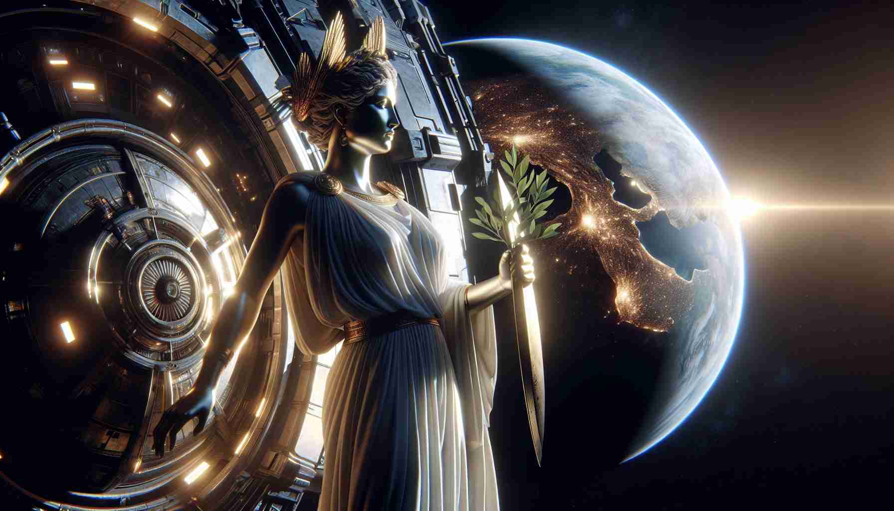 Generate a photorealistic, high-definition image that illustrates the abstract concept of Hera, the ancient goddess, embarking on a mission to transform planetary defense. Picture Hera as a symbolic entity represented by a radiant woman in classical Greek attire, standing at the threshold of a spacecraft. Behind her, the Earth is visible, glowing brightly against the darkness of space. She holds an olive branch, signifying peace, and a shield symbolising defense. The spacecraft is sleek, modern and built for interstellar travel. Hera's eyes are focused forward, determined and resolute, embodying the pursuit of progress and protection.