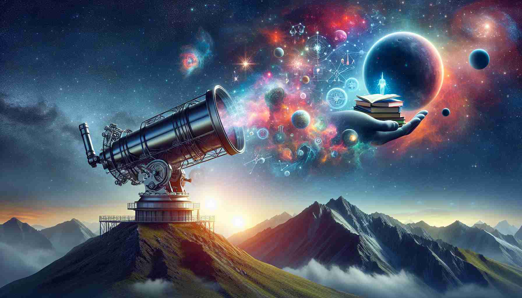 Create a realistic, high-definition scene interpreting the concept of 'New Insights into Star and Planet Formation Unveiled by Pioneering Telescope'. The image should feature a state-of-the-art telescope perched on the edge of a mountain, pointed towards a crystal-clear starry sky. In the sky, envision vibrant constellations, colorful nebulae and emerging celestial bodies. To represent the 'new insights', show the embodiment of knowledge - perhaps books, symbols of wisdom or abstract forms of thought - emerging from the telescope.