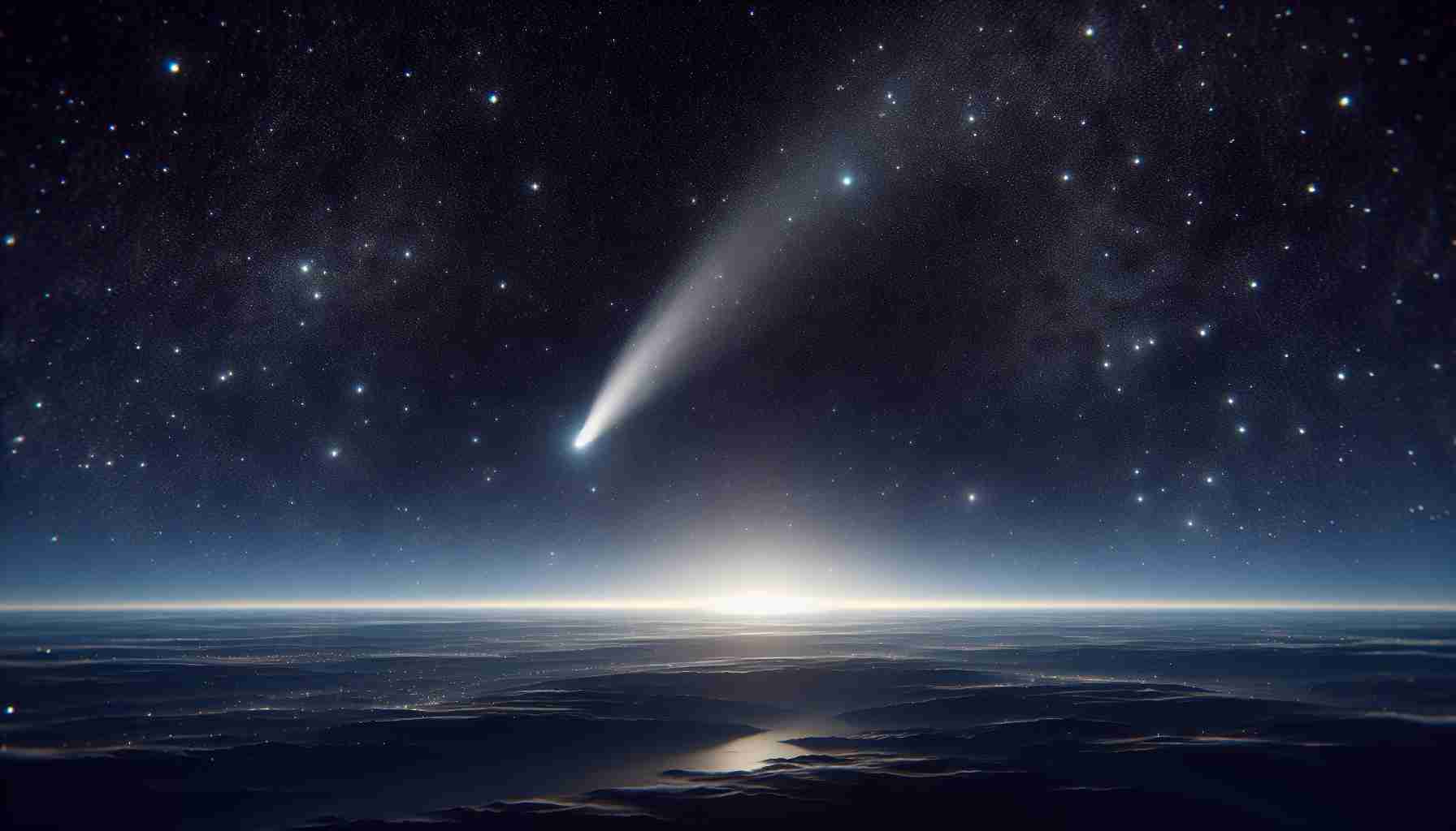 Render a highly detailed, realistic image featuring a mesmerizing scene of the night sky. The main focus should be on the Comet A3 cutting across the twinkling stars, leaving a glowing trail behind it. The scene should depict the thrilling and unique opportunity to observe this rare astronomical event. The viewer's gaze should be drawn upwards, with the horizon subtly visible at the lower edge of the image, giving a sense of looking from the Earth's surface. The entire scene should be bathed in the soft, subtle light emitted from the comet and the surrounding stars.