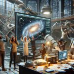 A realistic, high-definition image portrays a moment of major breakthrough in the field of astrophysics. Depict an immersive scene within an observatory where a diverse group of astrophysicists celebrate their major discovery. The scene contains Middle-Eastern woman and an Asian man eagerly discussing their findings in front of a large computer screen, which displays a complicated series of galaxy clusters and cosmic phenomena. A Hispanic man and a Black woman cheer, holding up a printed graph showcasing the anomaly they've discovered. A complex telescope apparatus, stacks of scattered papers, and coffee cups in the background suggest long nights of dedicated work.