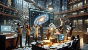 A realistic, high-definition image portrays a moment of major breakthrough in the field of astrophysics. Depict an immersive scene within an observatory where a diverse group of astrophysicists celebrate their major discovery. The scene contains Middle-Eastern woman and an Asian man eagerly discussing their findings in front of a large computer screen, which displays a complicated series of galaxy clusters and cosmic phenomena. A Hispanic man and a Black woman cheer, holding up a printed graph showcasing the anomaly they've discovered. A complex telescope apparatus, stacks of scattered papers, and coffee cups in the background suggest long nights of dedicated work.