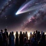 Generate a high-definition, realistic image of a group of viewers entranced by the celestial event. They are looking up into the night sky where the Tsuchinshan-ATLAS Comet is in full view. The comet with its iridescent tail streaks across the velvety black canvas, illuminating the sky with ethereal hues. The viewers include a diverse mix of people of various descents - Middle Eastern, Hispanic, Caucasian, South Asian, and Black. The scene is filled with awe and amazement, echoing the sublime beauty and grandeur of the universe.