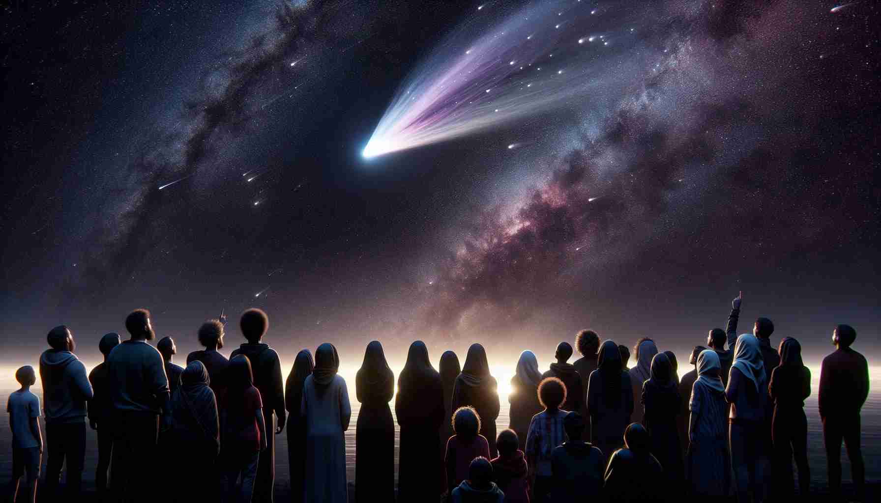 Generate a high-definition, realistic image of a group of viewers entranced by the celestial event. They are looking up into the night sky where the Tsuchinshan-ATLAS Comet is in full view. The comet with its iridescent tail streaks across the velvety black canvas, illuminating the sky with ethereal hues. The viewers include a diverse mix of people of various descents - Middle Eastern, Hispanic, Caucasian, South Asian, and Black. The scene is filled with awe and amazement, echoing the sublime beauty and grandeur of the universe.