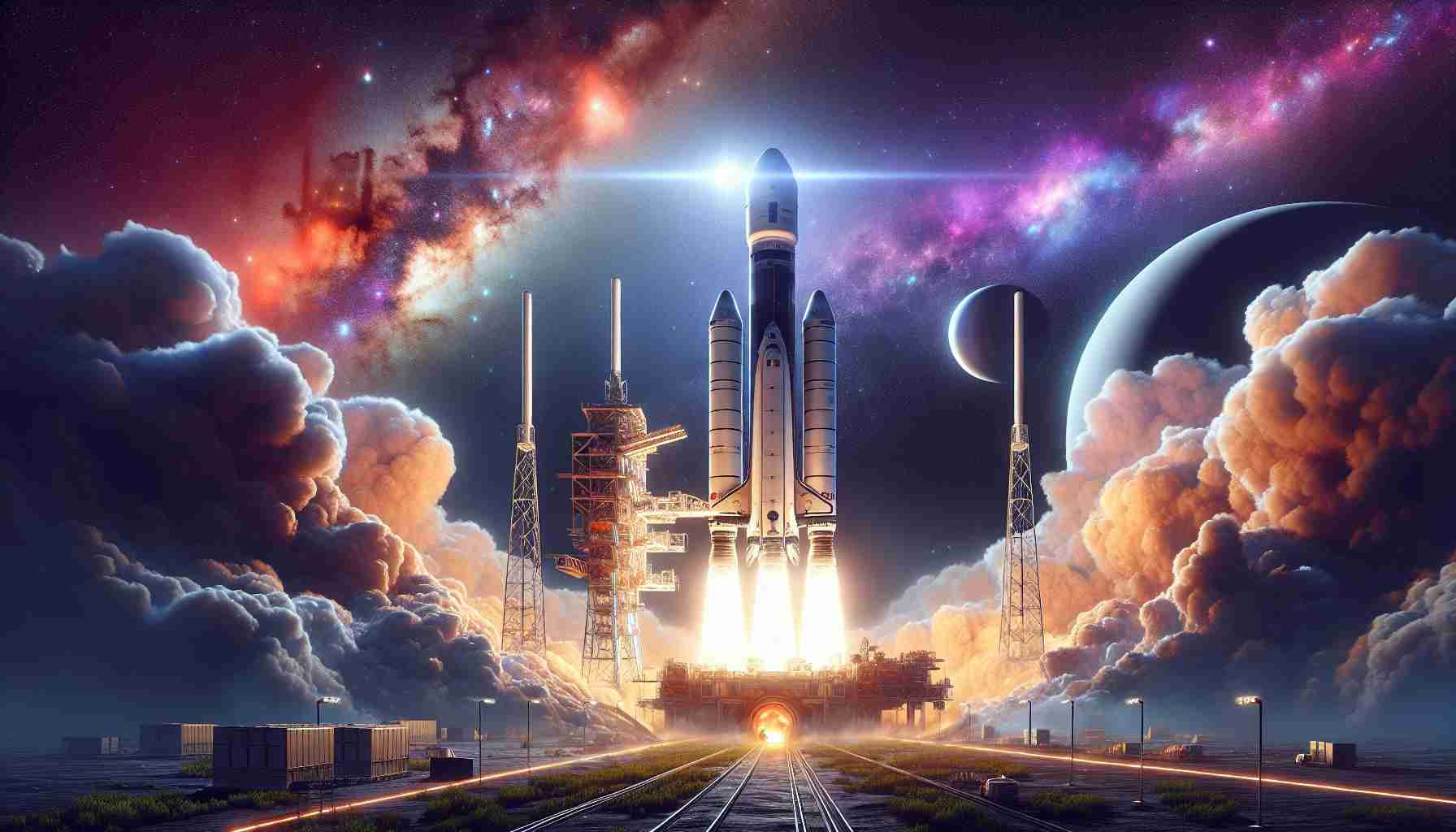 Create a highly detailed, realistic image showing the launch of a hypothetical space mission referred to as 'Titan Clipper'. The scene should depict a large space rocket mid-launch against a backdrop of a vividly starry sky, its powerful engines igniting with a bright, fiery glow. This Titan Clipper mission aims to explore the mysterious seas of Saturn's moon, Titan, indicating an aura of anticipation and excitement. Surroundings should convey a vast launch site with technical equipment and personnel, maintaining a significant distance for safety. Notable features may include trailing smoke, vibrant engine flames, and the moon Titan faintly visible in the distant cosmos.