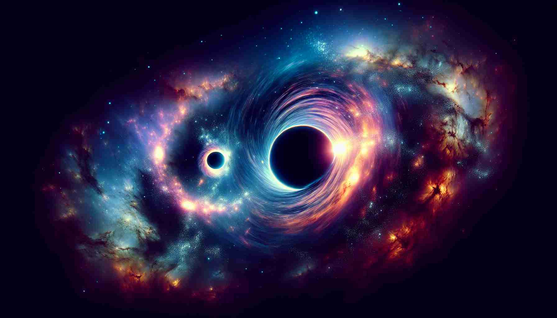 Generate a hyper-realistic high-definition image that visualizes the concept of 'Revolutionary Solution: Dark Matter’s Role in Black Hole Mergers'. This could include a vivid depiction of galaxies, merging black holes influenced by dark matter, as well as trails of matter and energy. Emphasize the cosmic colors, and the stark contrast between the darkness of the black holes and the surrounding celestial panorama.