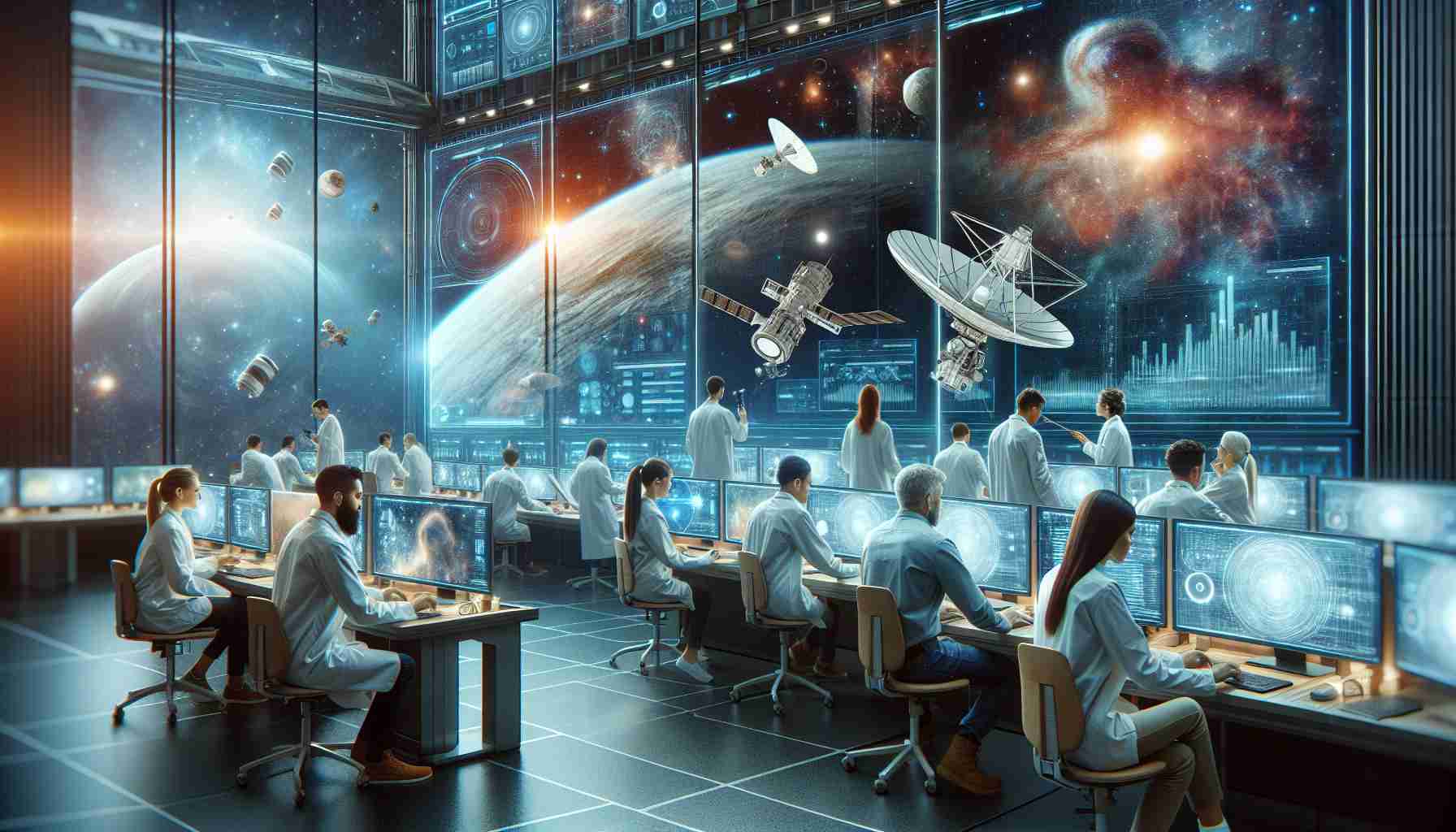 Realistic, high-definition illustration of researchers engaging in alternative communication strategies with the Search for Extraterrestrial Intelligence (SETI). Picture should depict a diverse group of scientists of different races and genders, deeply engrossed in their work. They are surrounded by screens projecting different cosmic images, and are intently observing satellite signals and various cosmic phenomena. The background consists of a cutting-edge research facility filled with advanced technology.