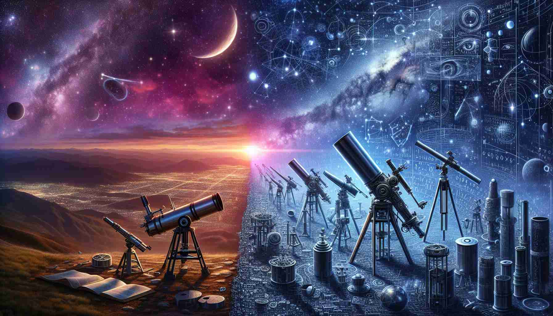 Imagine a highly detailed and realistic image symbolizing a revolution in astronomy. On one side, show the old tools such as telescopes and star charts, visibly weary from use. Transition this scene over to the other side where cutting-edge technologies are transforming the field. Possible examples could include advanced telescopes discerning distant galaxies, AI algorithms analyzing vast datasets, or virtual reality simulations for exploring the cosmos. All these are set under a vast stellar sky, embodying the boundless mysteries that astronomy aims to decipher.