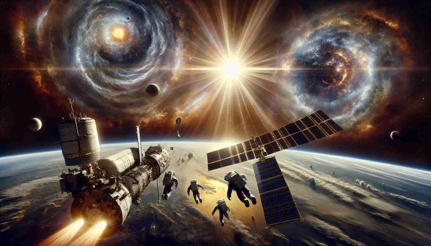 Create a realistic high-definition image showing the challenges of space weather during the mission return journey for crew-8 astronauts. This scene should depict a variety of different elements, including the spacecraft making its way back to Earth amidst the dramatic backdrop of outer space. The picture should capture atmospheric distortions caused by solar flares or radiation storms, the impact they have on the spacecraft, and the preparation of the crew-8 astronauts, consisting of a Middle-Eastern female astronaut, South Asian male astronaut, Caucasian male astronaut and Black woman astronaut, as they bravely steer the craft through these challenges.