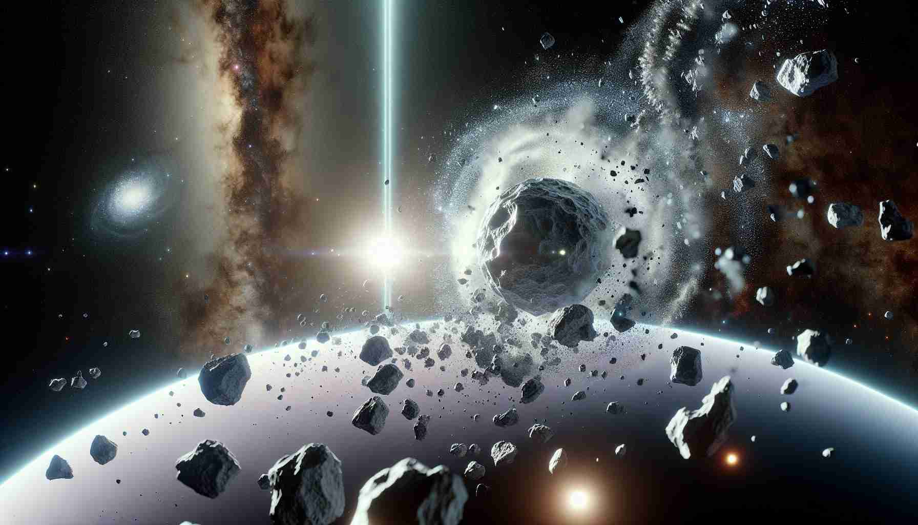 Render a high-definition realistic image that depicts the concept of the origins of meteorites and unraveling the mysteries of space debris. The scene should show fragments of rocks forming in outer space and breaking away from a slightly larger celestial body. Highlight the ambiguity and mystery surrounding these phenomena with an array of distant galaxies and nebulae in the background to convey the vastness of space.