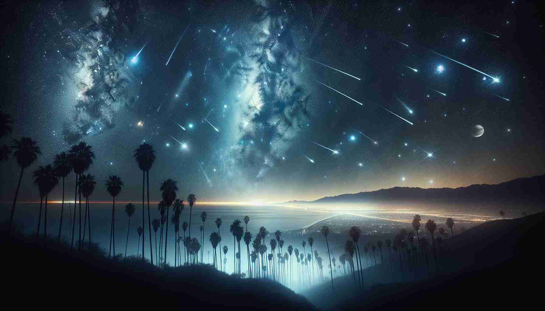 Create a realistic, high-definition image featuring an exhilarating night sky event in Southern California. The scene should exhibit a clear, star-studded sky aglow with celestial phenomena, such as shooting stars, constellations, planets, and possibly the ethereal sweep of the Milky Way. Smatterings of silhouetted palm trees and distant city lights pepper the landscape beneath, providing a quintessential Southern California feel. The overall atmosphere radiates calm, wonder and adventure, inviting observers to marvel at the cosmic spectacle unfolding above them.