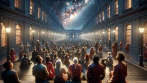 A realistic, high-definition image capturing a celestial spectacle being witnessed by a group of stargazers in a city square. The crowd consists of a diverse set of individuals including Caucasian, Hispanic, and Asian women and men. Some have their eyes glued to the sky, while others are sharing their enthusiasm with their companions. The square is lit by the soft glow of street lamps, but the majority of the light comes from the astral show overhead. Buildings frame the square, and in the center is a statue. Above, the night sky is awash with stars, planets, and other celestial bodies.