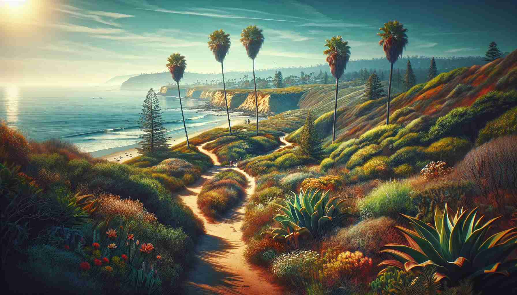 Create an HD, photorealistic landscape depicting the rich harmonic balance of nature in San Diego. Capture the serene coastline, vibrant greenery, unique flora and fauna, along with the tranquil blue sky. Try to include scenes of hiking trails often explored by enthusiasts, patches of coastal chaparral plants, and perhaps a distant glimpse of the Pacific Ocean.