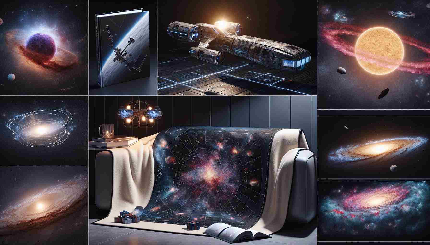 A high-definition, realistic image representing unique gifts for those who are passionate about space exploration in 2024. These could include a detailed miniature model of a futuristic spaceship, a hardcover book with impressive photos and facts about the cosmos, a stunning star map showing constellations and galaxies, a glow-in-the-dark solar system mobile hanging from the ceiling, or a comfortable throw blanket with a printed image of a nebula or galaxy. Please note that these items are all hypothetical, representing what could be potential gifts for space enthusiasts in the year 2024.