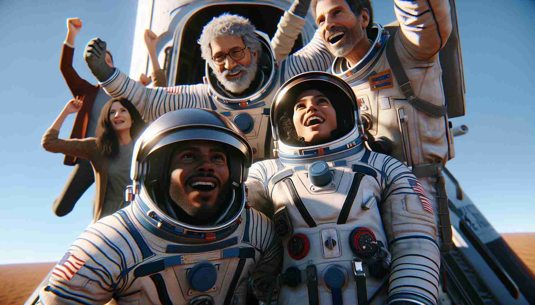 Generate a high-definition, realistic illustration of three astronauts returning triumphantly from an extended space mission. One astronaut is a middle-aged South Asian male, the second is a youthful Black female, and the third is an elderly Caucasian male. They are emerging from their spacecraft, with the clear blue sky as the background. Their helmets are off, revealing their exhilaration and relief. They are dressed in contemporary space suits, reflecting their recent journey amongst the stars. Family, friends, and mission control officials are visible in the background, their faces filled with joy and awe at the sight of the returning heroes.