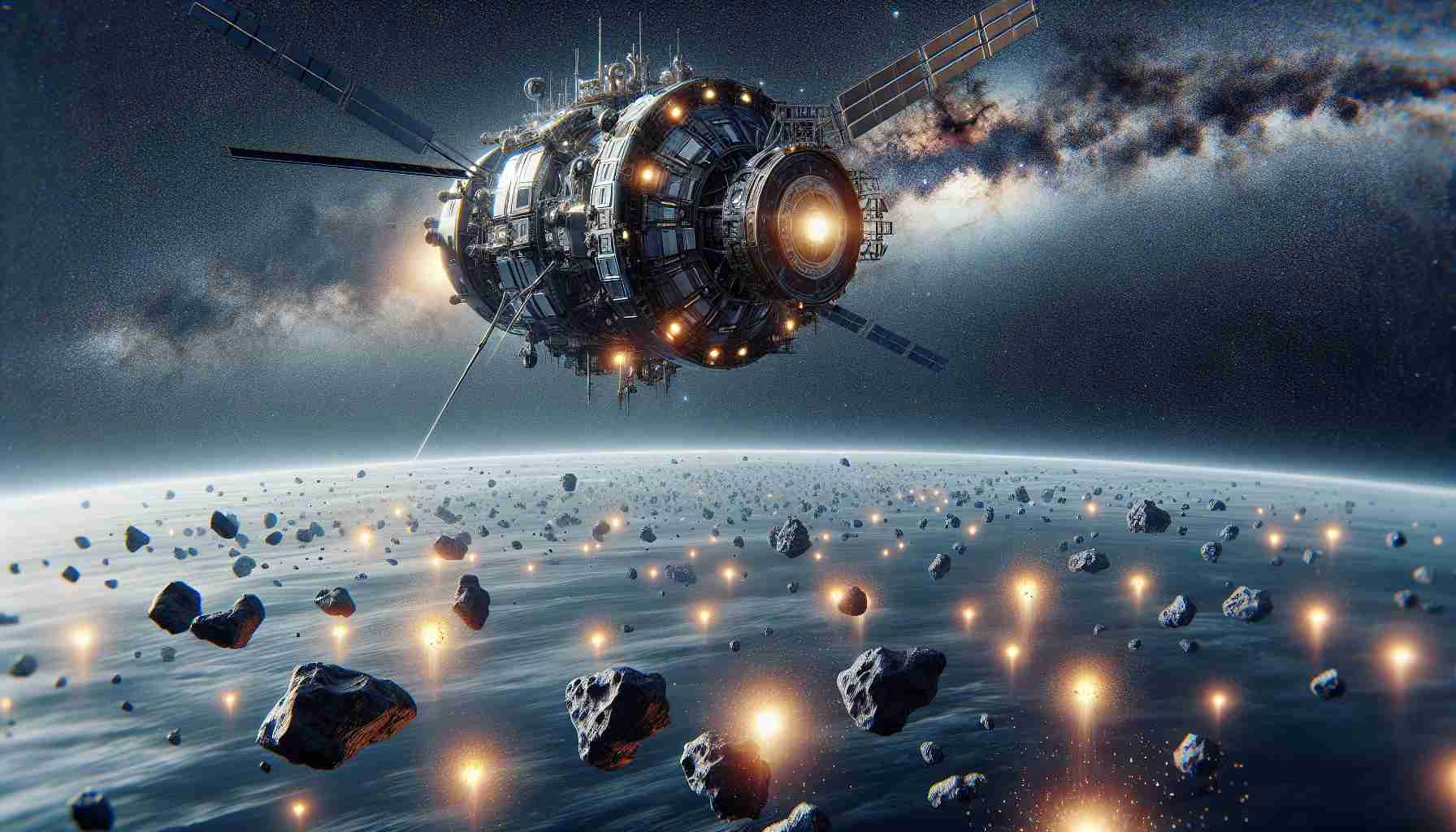 A high-definition, realistic depiction of a Eurasian spacecraft embarking on a mission. Picture it soaring past the breathtaking backdrop of infinite space, its purpose to investigate the remnants of an ancient meteor impact. Picture, too, the glowing meteor fragments still scattered around space, glinting in the diffuse cosmic light. Everything is meticulously designed, exemplifying realistic modern technology meeting the unknowns of the cosmos.