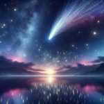 Generate a realistic high-definition image of a beautiful scene featuring Comet Celestia gracing the night sky. The comet should be clearly visible, its trailing tail sparkling and glowing with a mesmerizing play of colors. The surrounding sky is filled with twinkling stars which are reflected in a body of calm water below. The whole atmosphere feels serene and awe-inspiring, amplifying the beauty of the celestial spectacle.