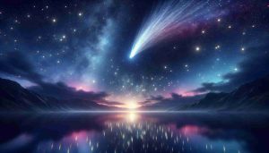 Generate a realistic high-definition image of a beautiful scene featuring Comet Celestia gracing the night sky. The comet should be clearly visible, its trailing tail sparkling and glowing with a mesmerizing play of colors. The surrounding sky is filled with twinkling stars which are reflected in a body of calm water below. The whole atmosphere feels serene and awe-inspiring, amplifying the beauty of the celestial spectacle.