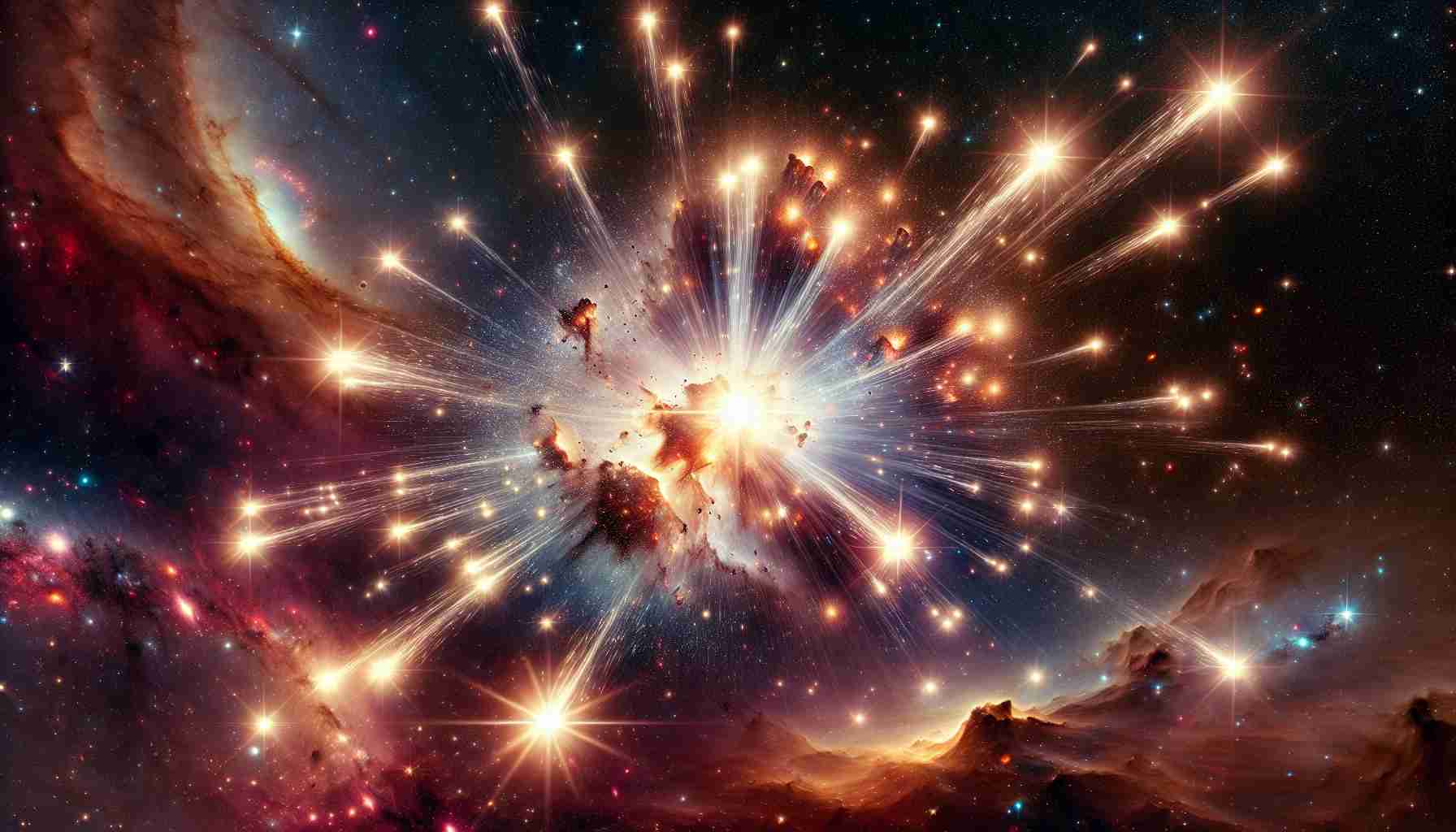 A realistic, high-definition image of a stunning astronomical spectacle. The scene depicts an astonishing discovery of high-speed stars bursting out from a star cluster, specifically R136. The cluster glows brightly with a cornucopia of stars of different sizes and colors. Some stars are moving at high-speed, creating trails of light behind them, emphasizing their rapid motion. The backdrop is a majestic array of cosmos, with nebulae, distant galaxies, and a sprinkle of stars, capturing the grandeur of the universe.