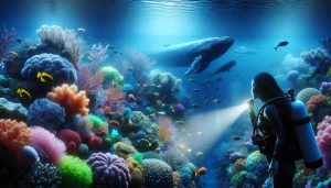 A realistic, high-definition image showcasing the mesmerising beauty of the ocean's depths. Depict a diverse marine ecosystem bathed in soft, filtering light from the surface. Show intricate coral reefs of vibrant colors, teeming with life, with various species of fish of different sizes and rainbow hues. Include the sight of a diver, an Asian woman, marveling at the underwater spectacle using her flashlight. Finally, in the distance, display the silhouette of a gigantic whale swimming peacefully in its natural habitat.