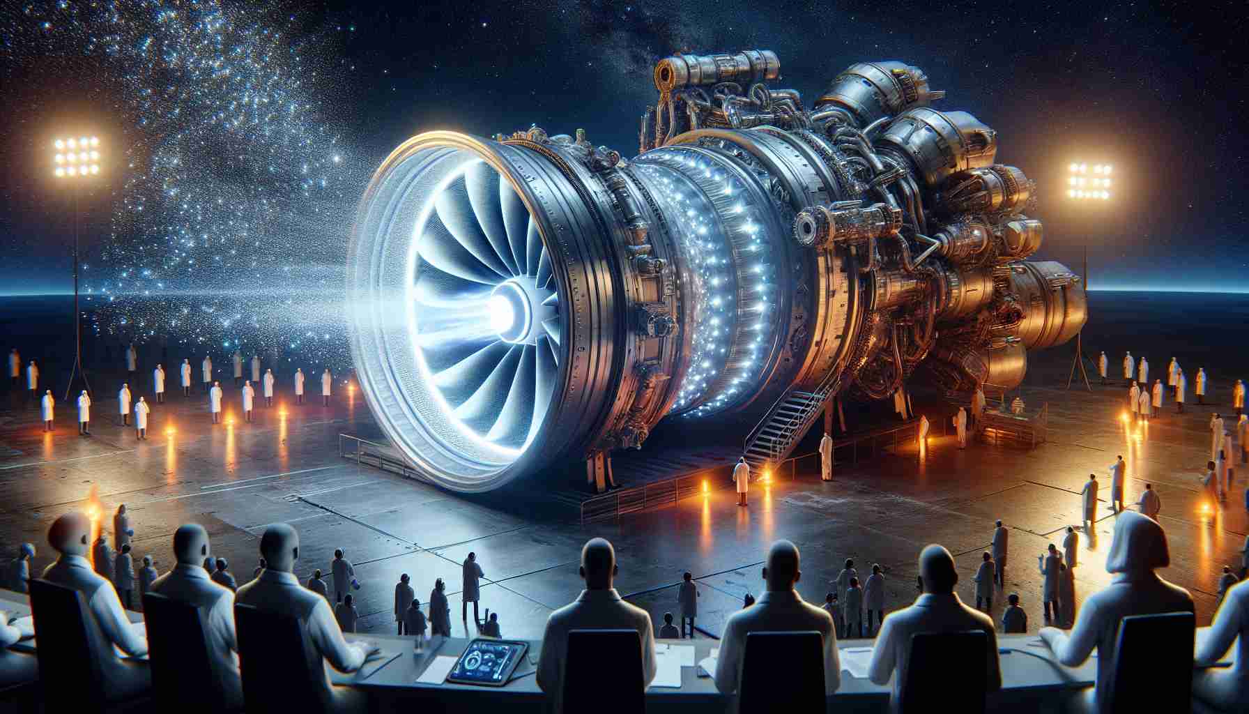 A realistic, high-definition image showcasing a scene of revolutionizing space exploration, focusing on a breakthrough in propulsion technology. The scene features advanced, futuristic space technologies including a novel spacecraft engine that's significantly more efficient, powerful, and sustainable than current models. It depicts an active testing or unveiling scenario, with the engine demonstrating its intense power, lighting up the surrounding area in a dazzling show of technical prowess, while scientists of a variety of descents and genders observe in awe, showcasing the reminder of mankind's unrelenting pursuit of progress and exploration.