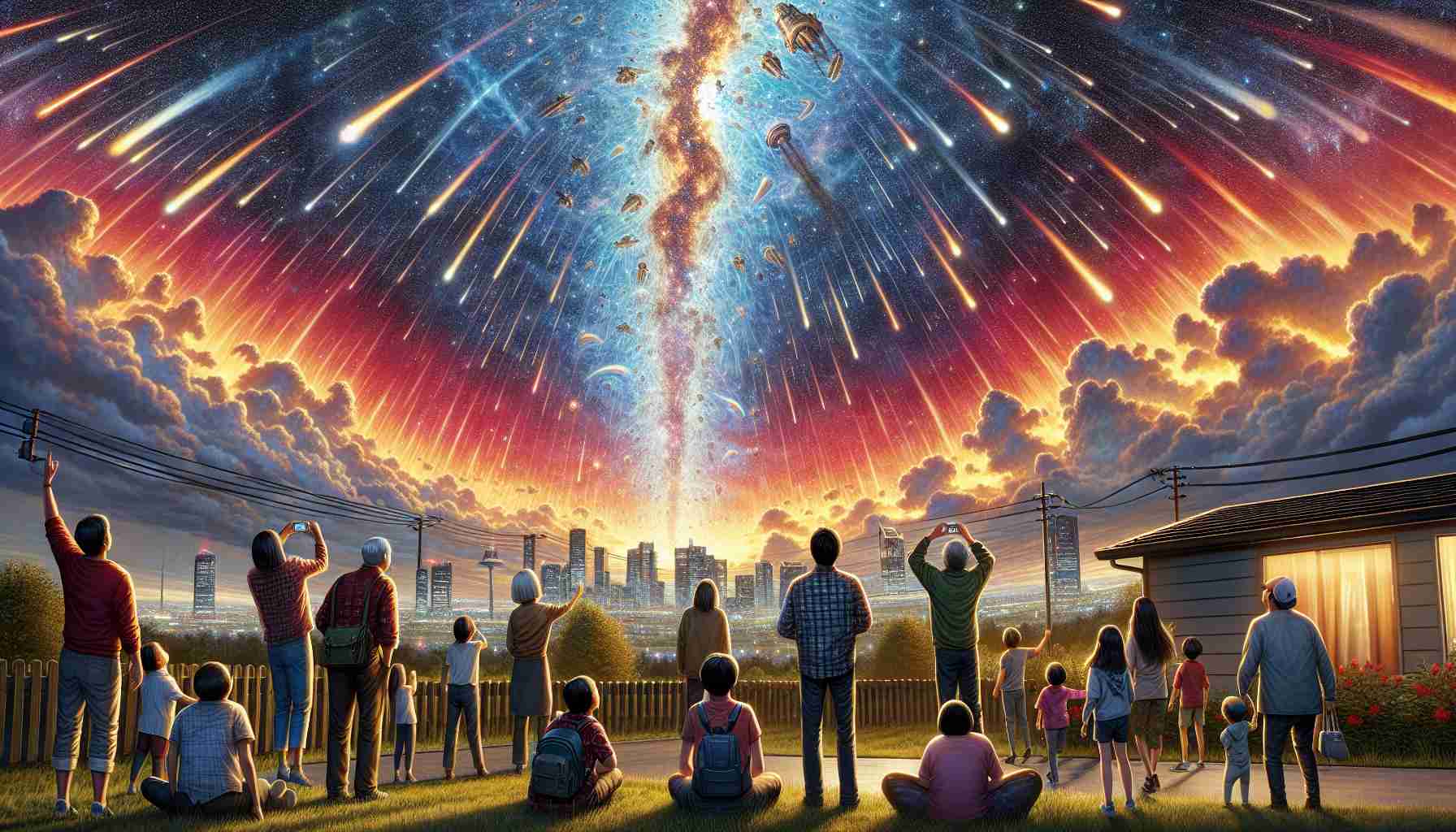 A detailed and realistic high definition scene capturing a rare celestial event. The sky is filled with spectacular colors as the cosmic spectacle unfolds. In this scene, numerous residents across the urban and rural settings of the nation are captured being delighted and fascinated. They're gazing up at the celestial show, their expressions mirroring the awe-inspiring beauty of the skies above.