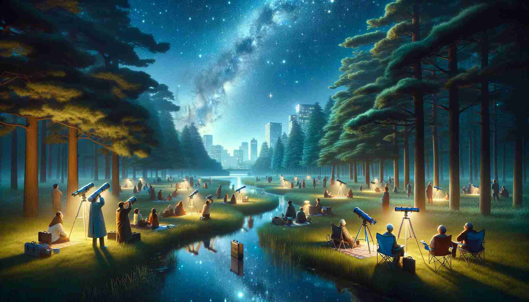 Create a highly realistic, high-definition image illustrating an extraordinary stargazing event at a riverside park. Capture the elegance of the night sky's myriad stars reflected on the river's tranquil surface. Include a lush park setting with tall trees, soft grass, and walking trails. People from different descents and genders gathered in small groups, looking up to the sky with telescopes and astounded expressions. Their portable chairs and picnic blankets are spread haphazardly, their faces lit only by the faint glow of their star charts and the astronomical wonders above.