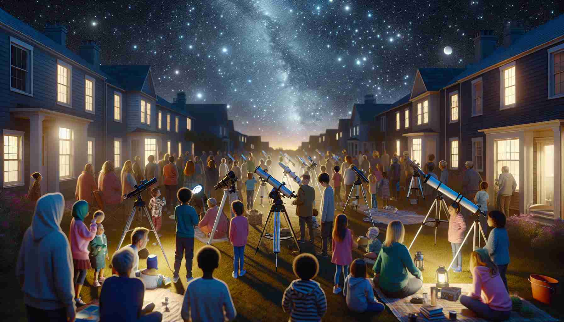 Envision a realistic, high-definition scene of a community stargazing event in a small town. Picture an array of people of diverse descents including Caucasian, Hispanic, Black, Middle-Eastern, and South Asian, all engaged in the experience. There are telescopes set up, and children and adults alike peer through them in awe. In the pinspot dark sky overhead, the constellations are clearly visible, their mysteries fascinating to the onlookers. The ambiance is communal and full of wonder, lit only by the shimmering stars and the soft glow of lanterns around.