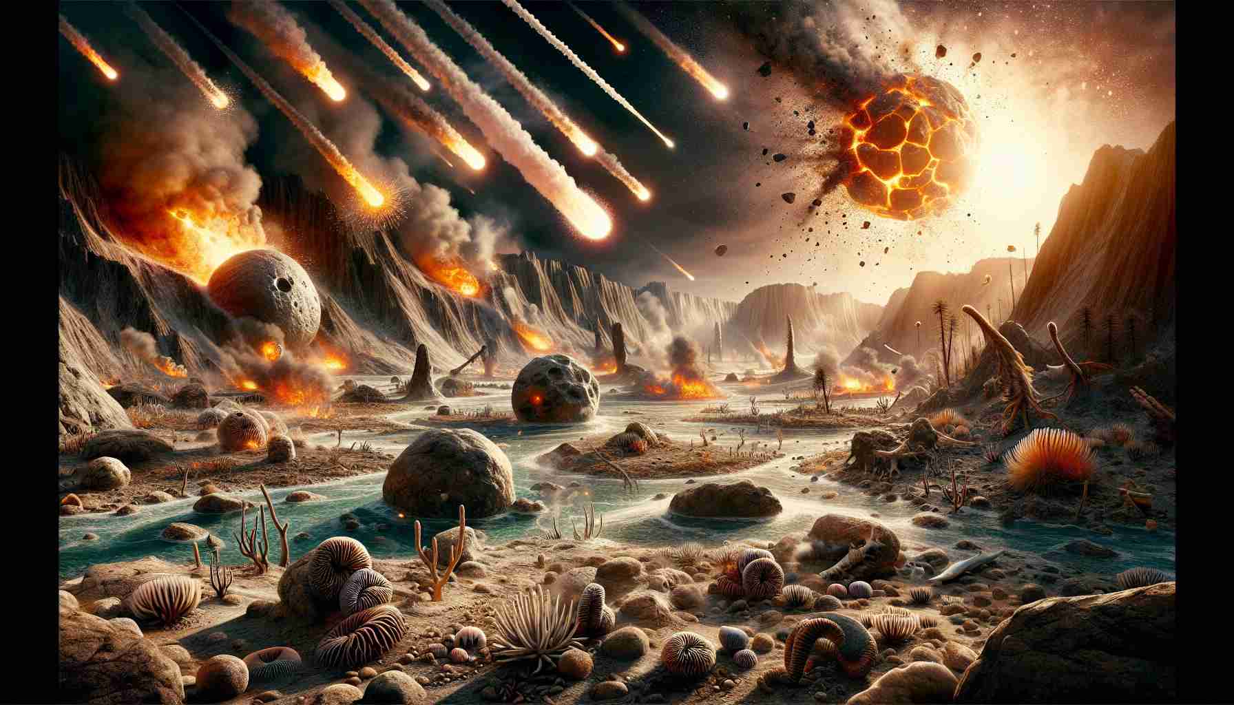 A highly-detailed, realistic illustration of the aftermath of ancient meteorite strikes on early Earth. The scene is chaotic, with fire and dust filling the skies, while simple, hardy forms of life lasting the impact struggles to survive. The scene shows a mixture of land and sea, exemplifying the harsh, volatile conditions of early life on Earth. On the land areas, some primitive organisms show resilience, hinting at Earth's enduring life forms despite the harsh environment.