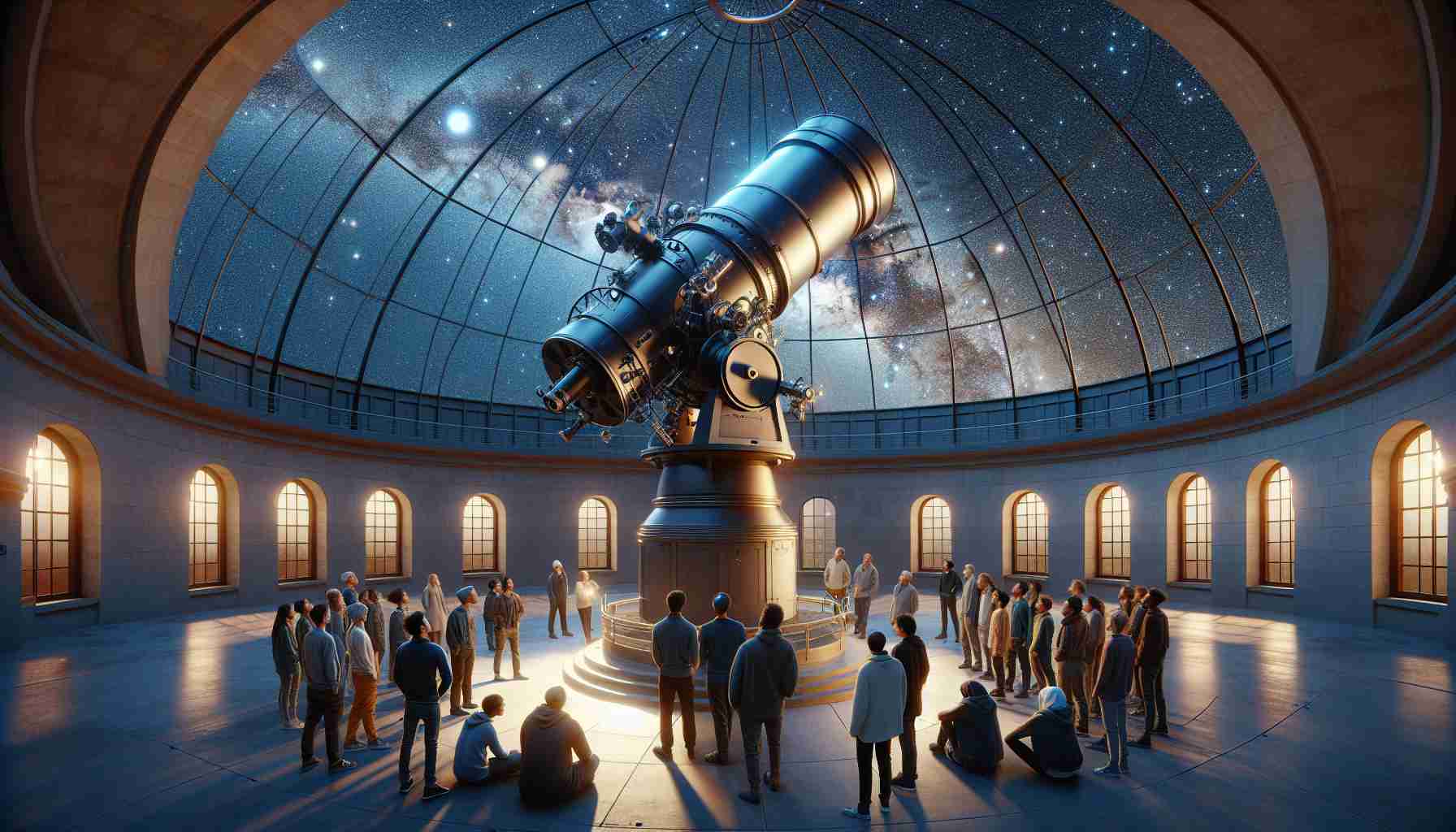 High-definition image of a stargazing evening at an illustrious university's observatory. The picture captures an open dome with a large telescope pointed up towards a clear night sky sparkling with countless stars. A few unidentified students, males and females from diverse descents such as Caucasian, South Asian, Black, Hispanic and Middle-Eastern, are gathered around the telescope, their faces lit up with awe and curiosity. Some are quietly discussing astronomical theories while others are simply soaking in the mesmerizing vastness of the cosmos.