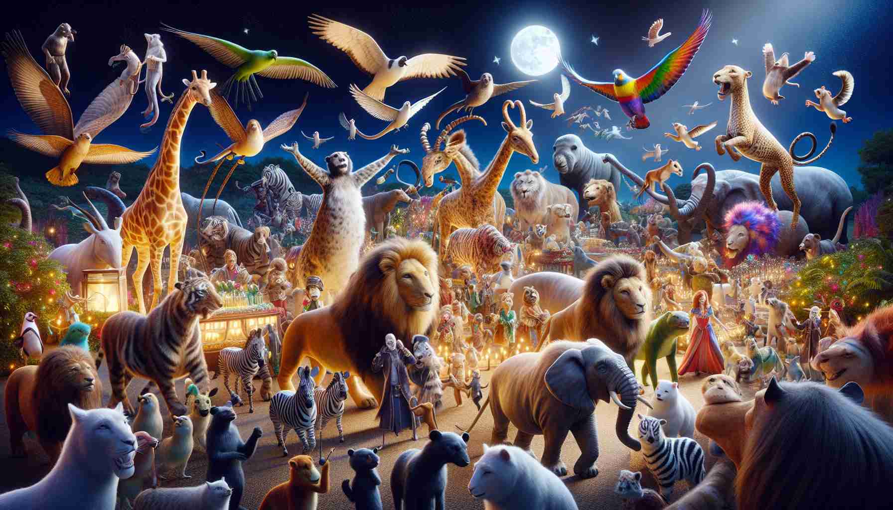 High-definition, visually stunning image of a special event titled 'Animals Unleashed: A Night of Musical Celebration'. This scene depicts various animals from different parts of the globe, alive with excitement, as if they are participating in a nightlong festivity filled with music and joy. Create a combination of whimsical and realistic components to capture the spirit of this magical, musical night, expressed through the lively interactions of our animal friends.