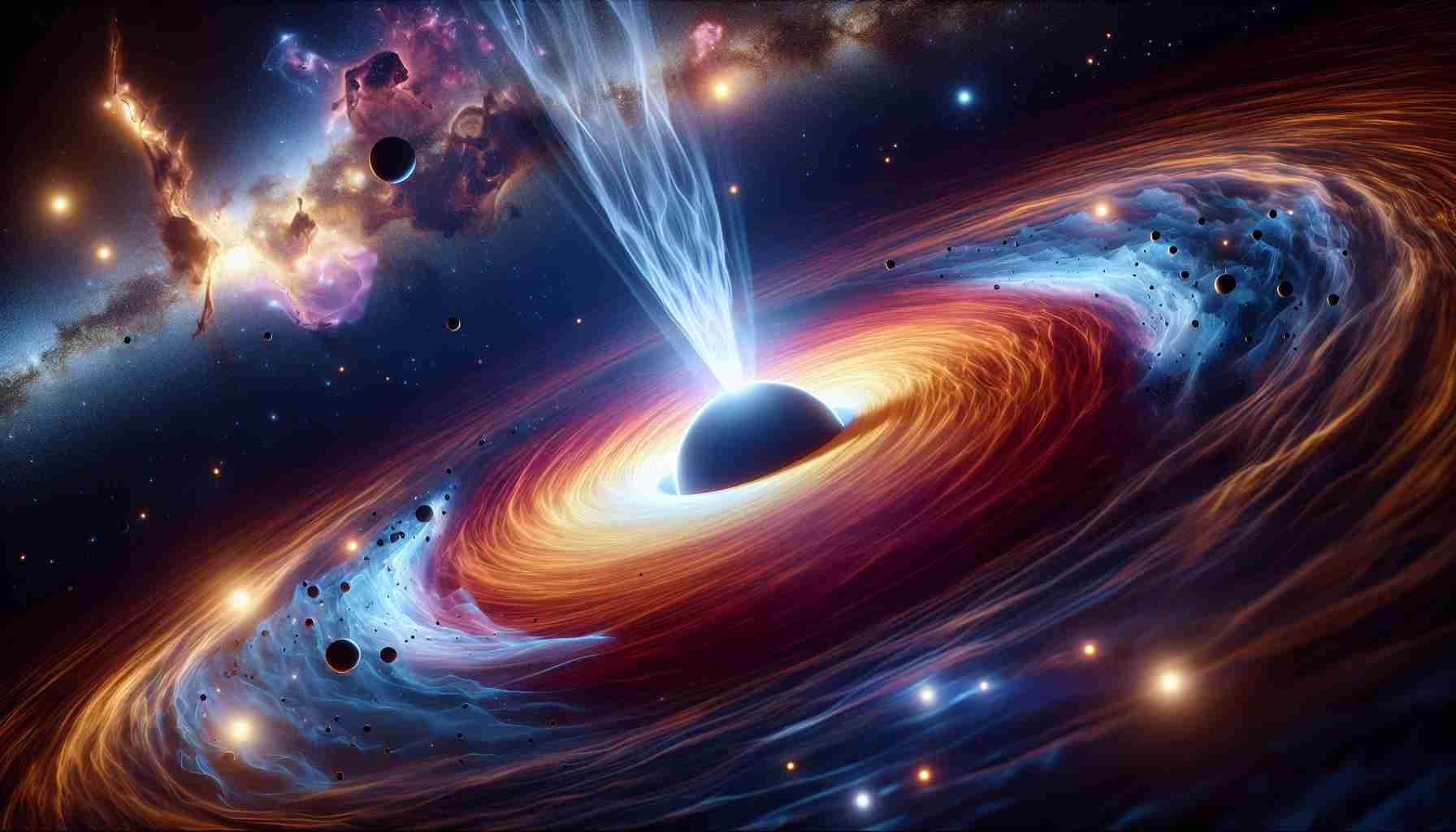 Create a realistic, high-definition image representing unusual X-ray patterns in space. The scene should illustrate the concept of black hole feeding habits. The black hole is actively pulling in matter around it, causing bright X-ray emissions. Include celestial bodies like stars, nebulae and other cosmic phenomena near the black hole to provide a sense of scale and relativity. To portray the 'unusual' aspect, infuse the X-ray patterns with unexpected, yet scientifically plausible, twists such as asymmetric shapes or fluctuating intensities.