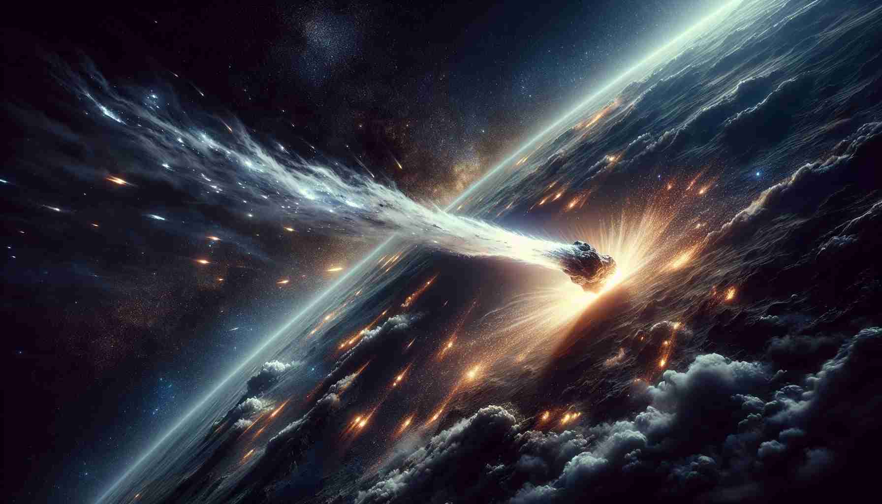 Create a hyper-realistic, high-definition image of the cover of a novel titled 'Comet Chronicles: A New Chapter'. The image should feature a stunning image of a comet blazing through outer space. Glowing trails of ice and dust should be visible in its wake, creating a beautiful, luminescent tail. The backdrop should be a sprawling galaxy full of shining stars and cosmic formations. Emphasize the sense of vastness and wonder typical of space exploration. The title, 'Comet Chronicles: A New Chapter' should be prominently displayed on the cover.