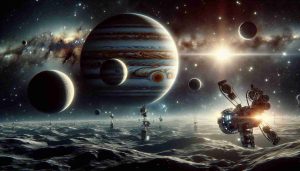 A detailed realistic HD depiction of space explorers probing the mystic depths of Jupiter's moons. Include the outer space atmosphere with a prominent display of Jupiter in the background and its moons in different phases of exploration. Some moons should appear closer with remarkable details of the terrains, craters, and valleys, while others are distant, merging with the cosmic darkness. Make sure the exploration equipment appears futuristic and advanced, floating amidst the vast expanse of the universe, bathed in the soft glittering light of distant stars.