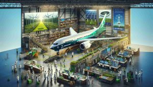 A highly detailed image envisioning Boeing taking a focus on environmental sustainability through innovative projects. The scene brings to life a hanger where engineers of mixed genders and various descents like Hispanic, Black, Caucasian, and South Asian, are working on green and sustainable projects. Foreground flaunts an eco-friendly plane design being worked on, with solar panels adorning the wings, a wind turbine powered engine, and a fuselage made of recycled materials. In the background, signs and posters highlight the importance of environmental responsibility, carbon footprint reduction, and renewable energy.