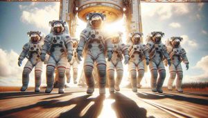 Generate a realistic HD image of a mixed-gender international crew of astronauts, reflecting the diversity of the global space community, returning safely from an extended mission in space. The scene should show the crew in their spacesuits, emerging from the spacecraft on a bright sunny day with the joy and relief of safe return etched on their faces.