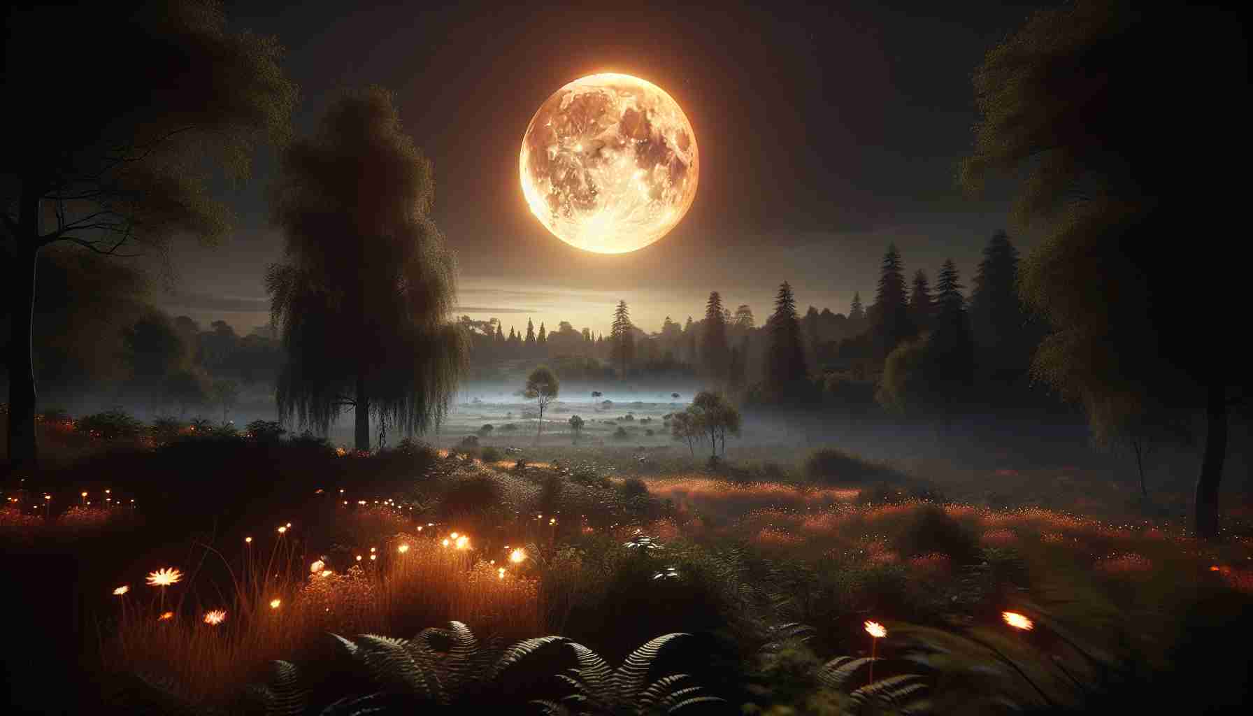 A high-definition, realistic image of a scene inspired by the term 'The Mystical Power of the Hunter's Moon'. The scene depicts a full moon at its peak in the night sky, radiating a warm, slightly orange hue, referencing the term 'Hunter's Moon'. Below, amidst a vast, tranquil landscape, the moon's gleaming light affects the environment by unveiling subtle nuances in the flora and fauna, giving everything a slightly enchanted appearance. The air seems thick with mystique, the creatures of the night showing signs of increased vitality and the vegetation taking on a more vibrant look under the moonlight.