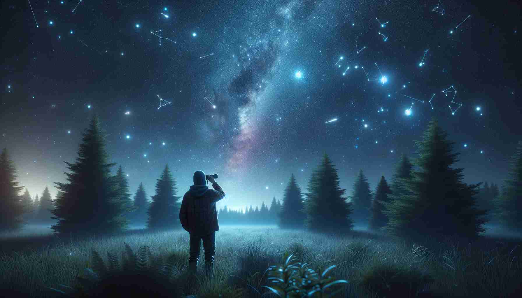 Create a realistic HD visual representation of an individual exploring the mysteries of the night sky. The individual is standing in a grassy field surrounded by trees. They're gazing up at a clear, star-filled sky, filled with constellations, galaxies, and nebulae. Orion's Belt and the Milky Way are particularly vivid. In one hand, the person holds a stronomical binoculars, and they're filled with a sense of curiosity and wonder. The overall lighting is low, relying heavily on the natural light provided by the stars and subtle moonlight, creating an atmosphere of tranquillity and adventure.